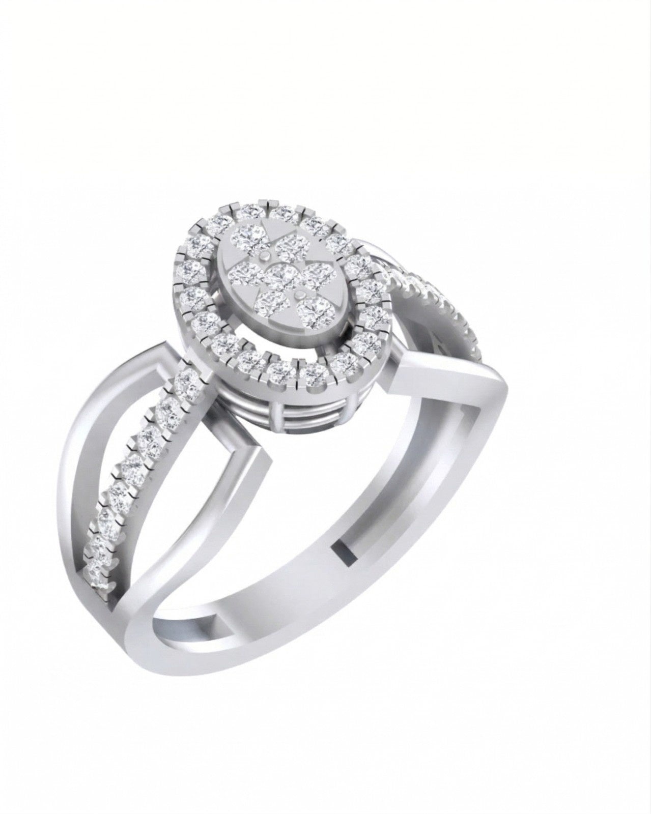 White gold and diamond ring with diamond accents on a white background.