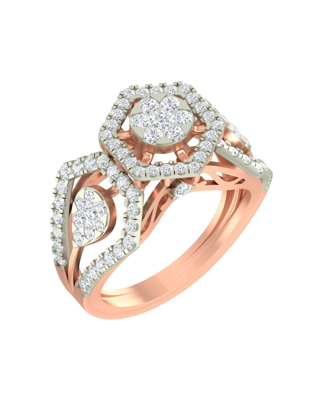Rose gold ring with diamond accents on a white background