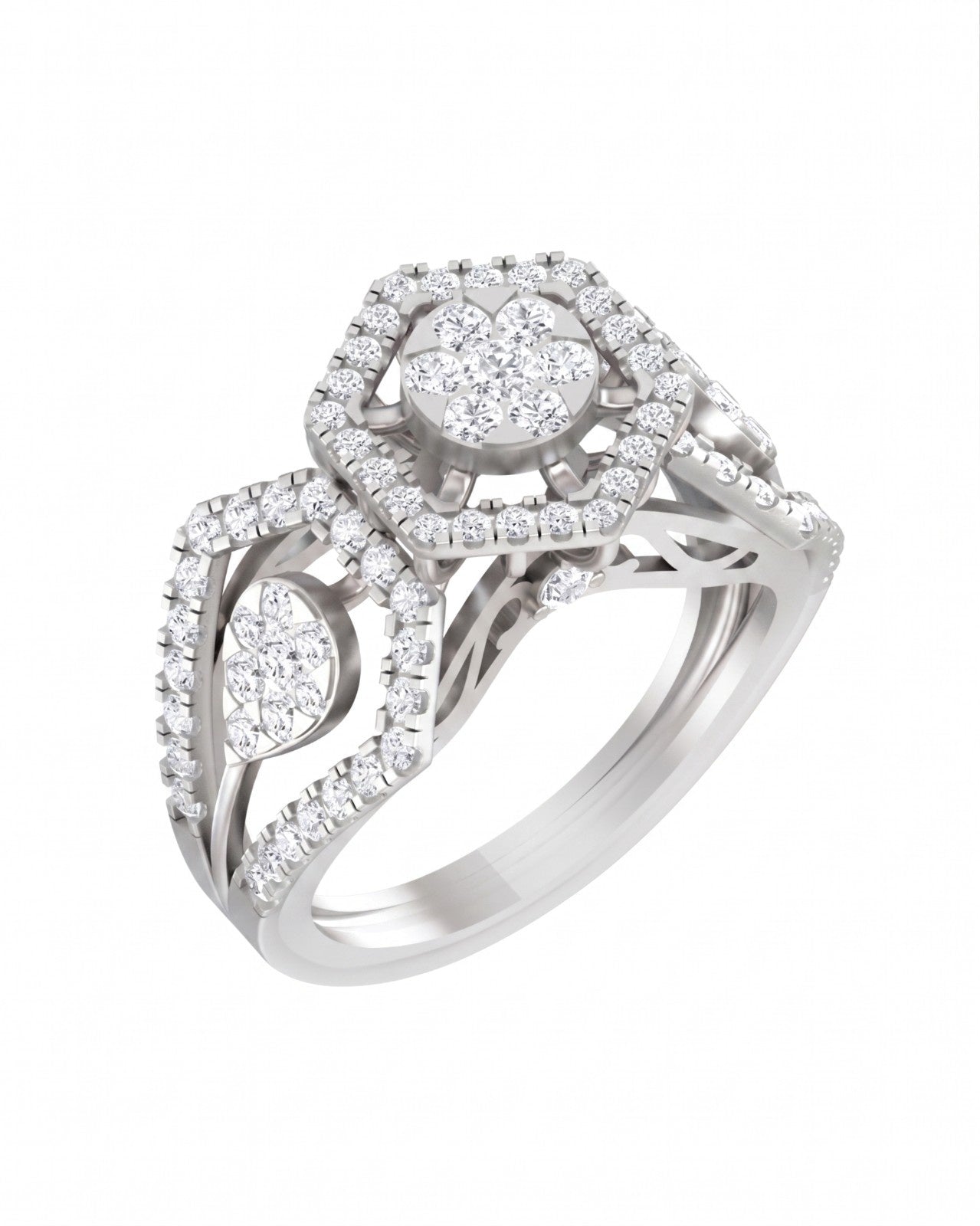 White gold ring with diamond accents on a white background