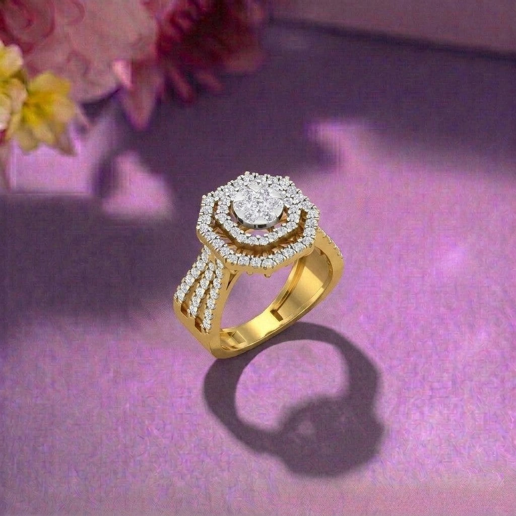 Gold ring with diamond accents on a purple surface.