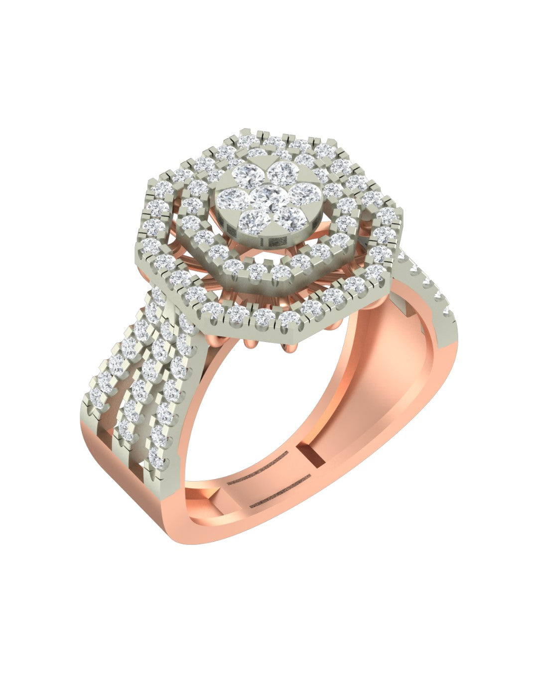 Rose gold and diamond with halo cocktail ring on a white background.