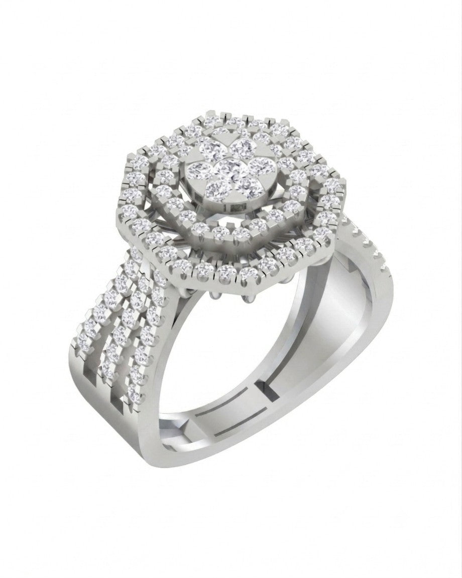 White gold and diamond with halo cocktail ring on a white background.