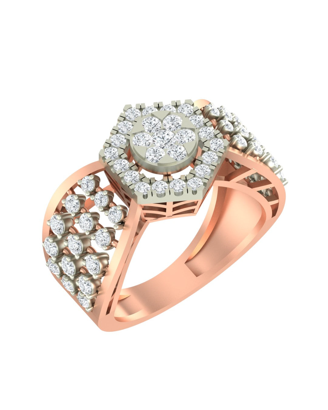 Rose gold and diamond ring with cluster on a white background.