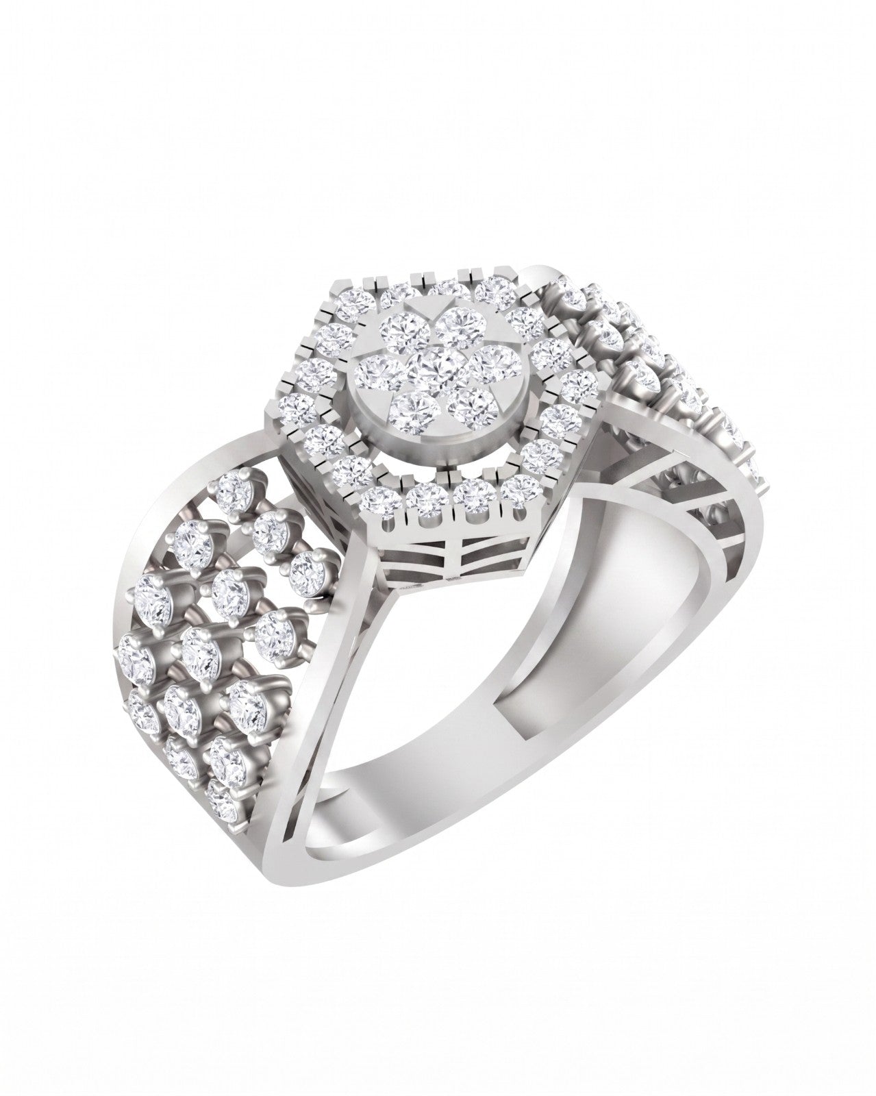 White gold and diamond ring with cluster on a white background