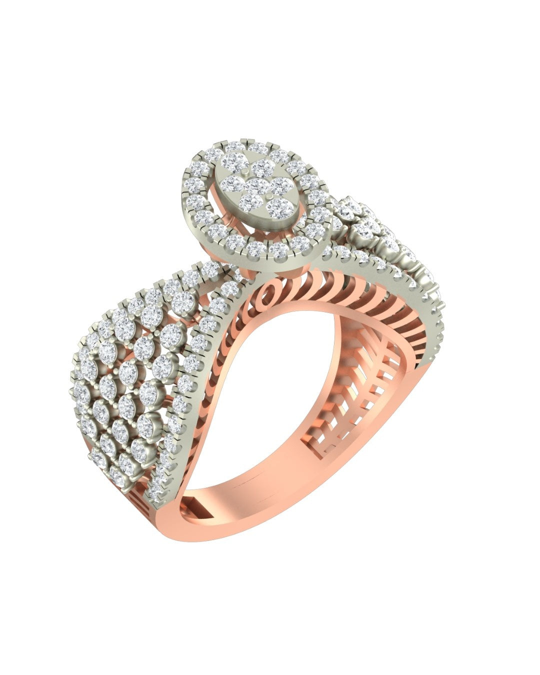 Rose gold and diamond with cluster ring on a white background