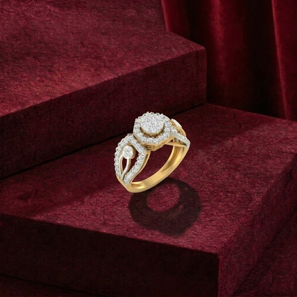 Gold ring with diamonds on a red velvet background