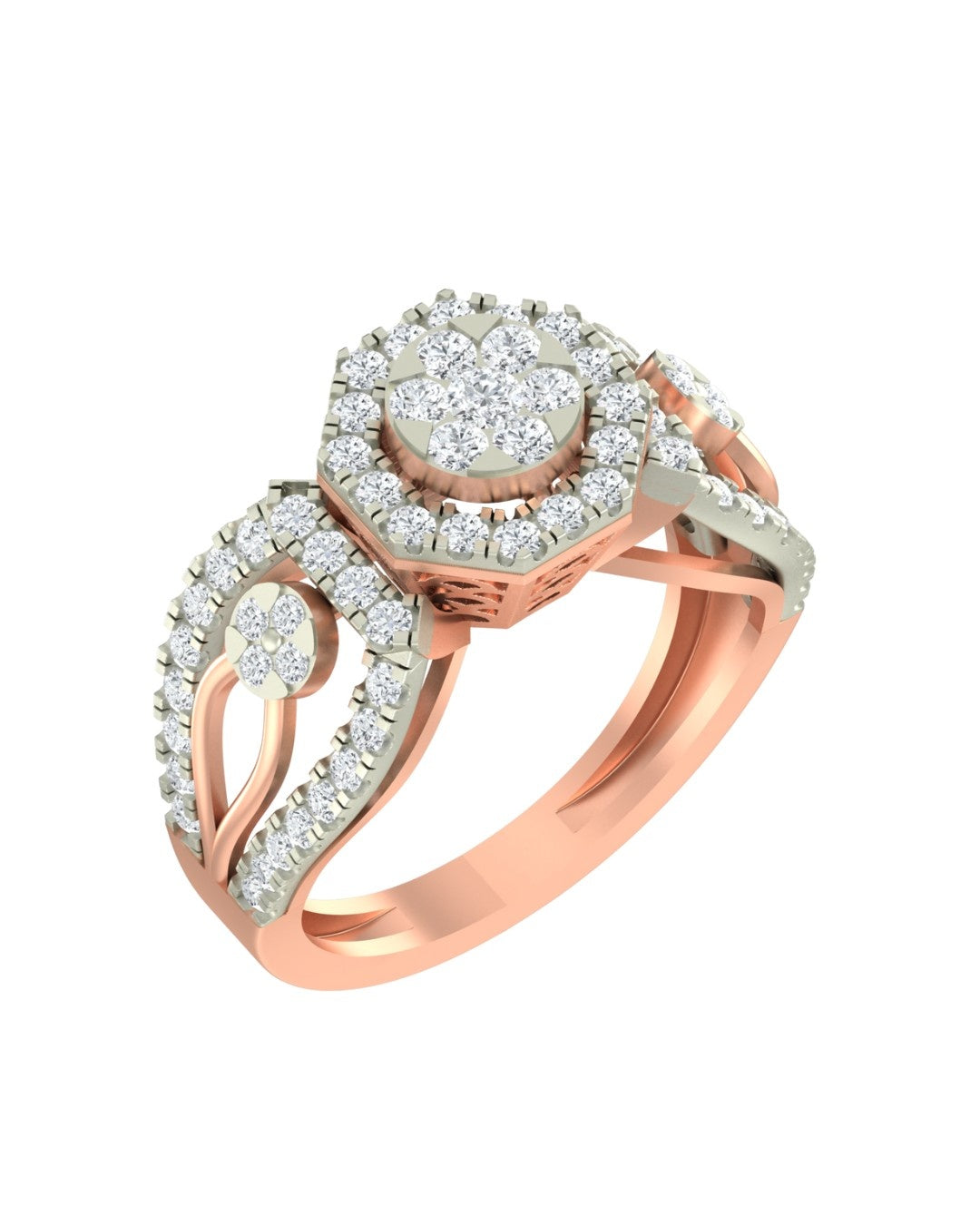 A rose gold ring with a halo-style cluster, shown on a plain white background.