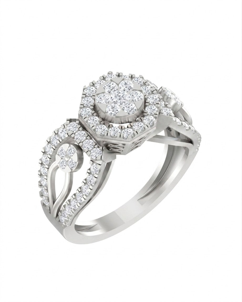 A white gold ring with a halo-style cluster, shown on a plain white background.