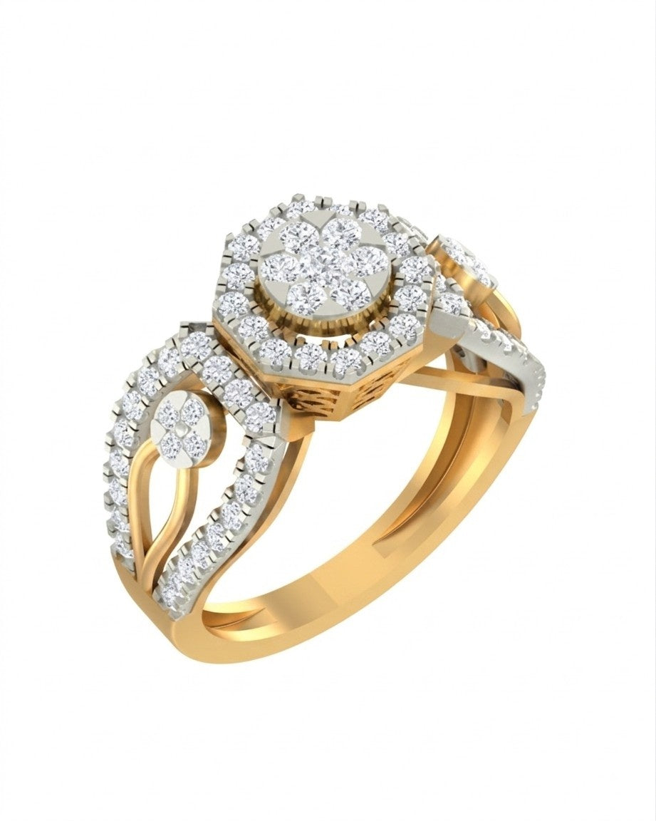 A yellow gold ring with a halo-style cluster, shown on a plain white background.