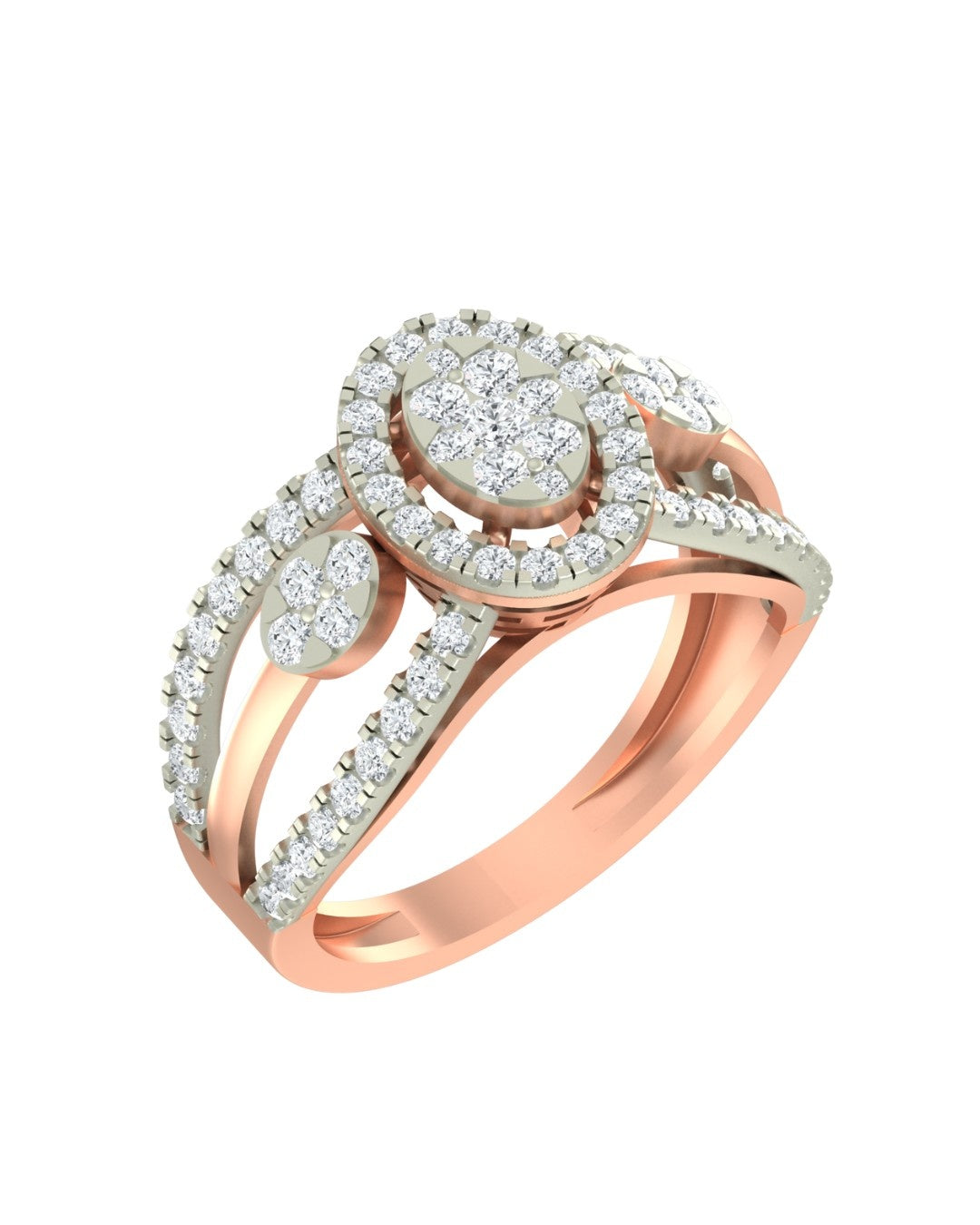 Rose gold ring with halo diamond accents on a white background.