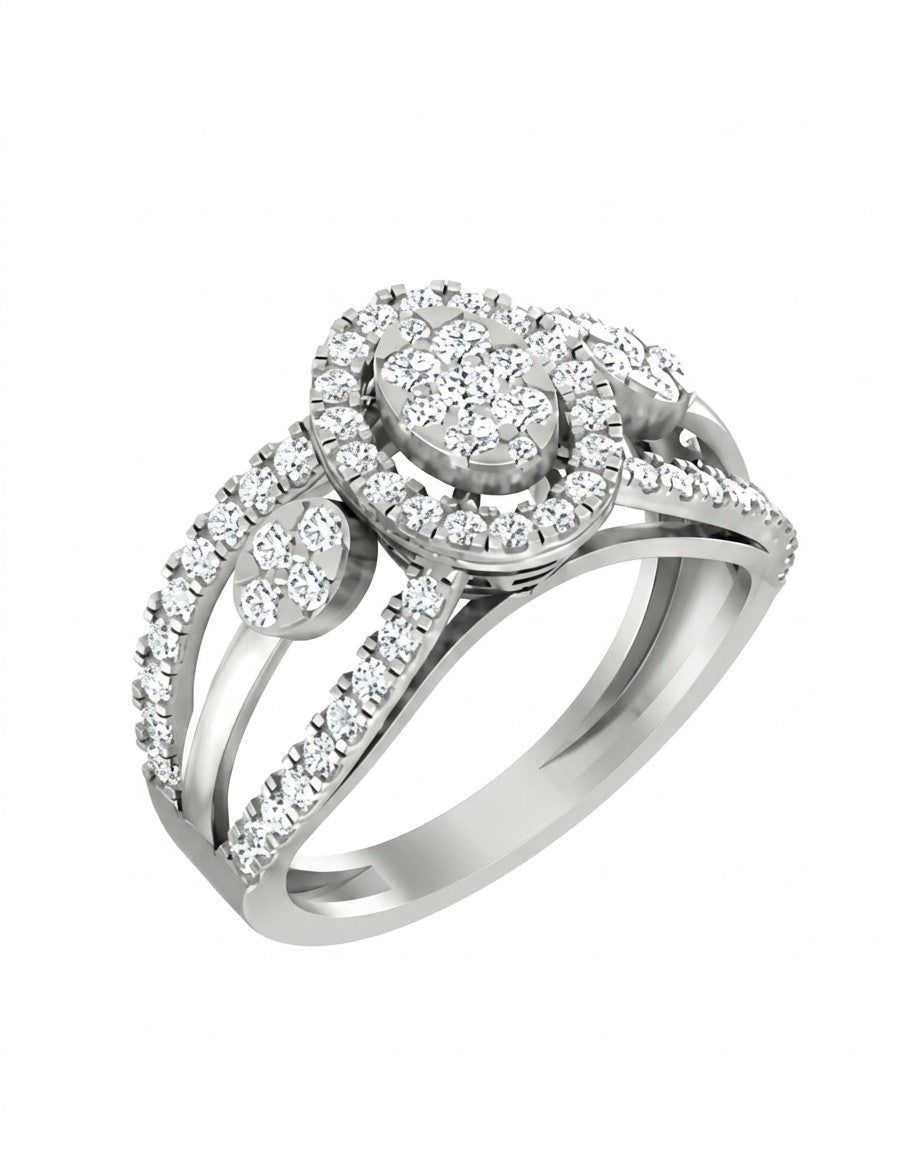 White gold ring with halo diamond accents on a white background.