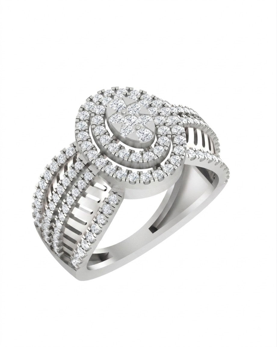 A white gold and diamond ring featuring a central oval cluster, shown on a plain white background.