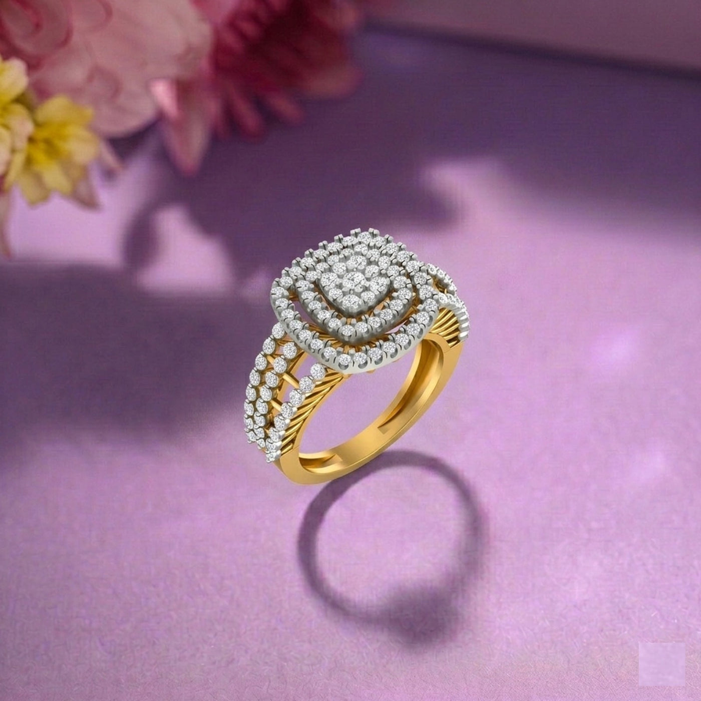 A gold and diamond ring with a halo design set, displayed on a soft purple surface.