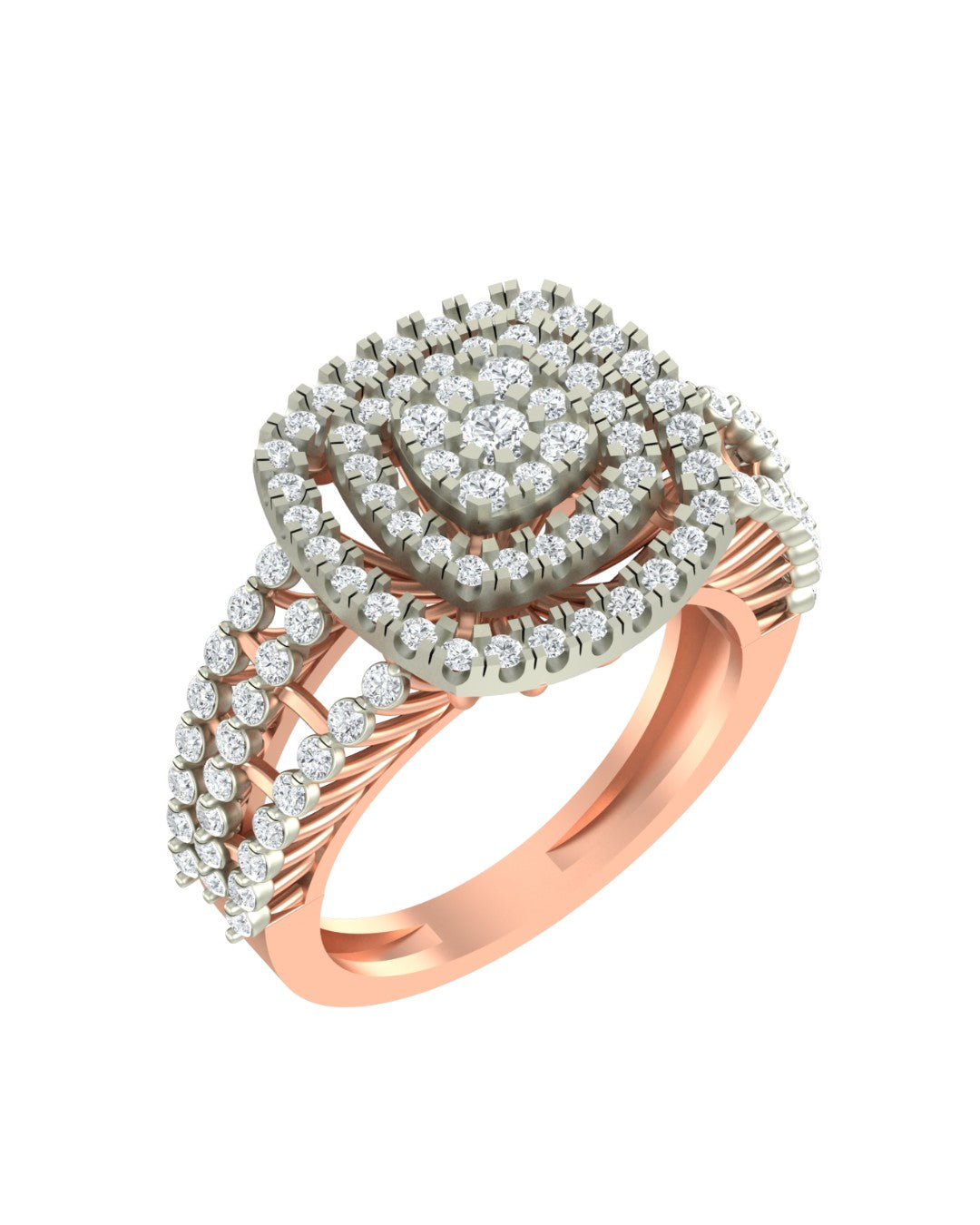 A rose gold ring with a square-shaped cluster on a plain white background.
