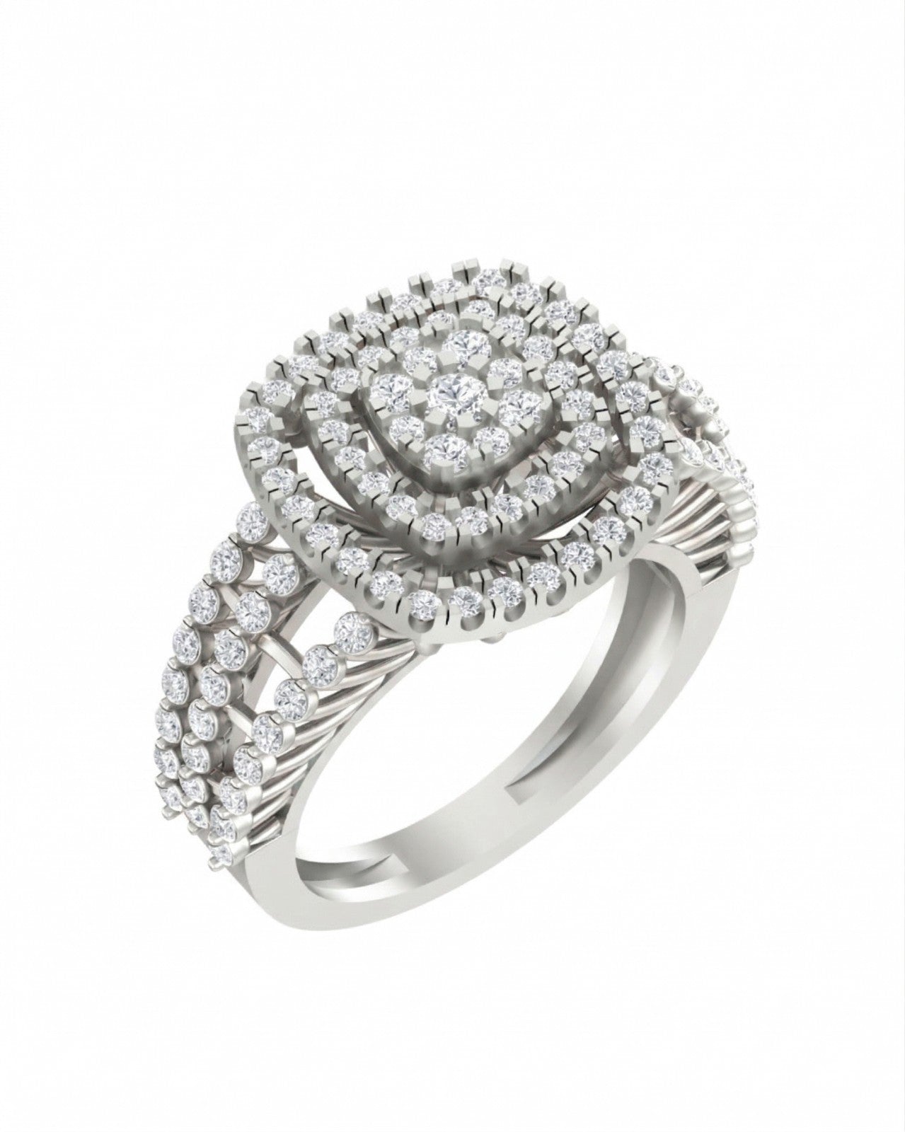 A white gold ring with a square-shaped cluster on a plain white background.