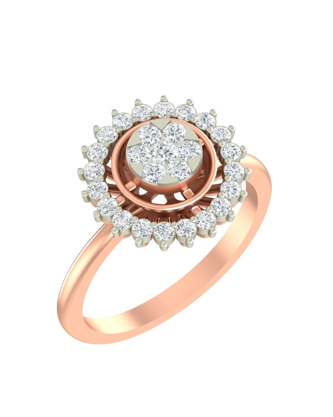 A rose gold and diamond ring with a round floral cluster, set against a plain white background.