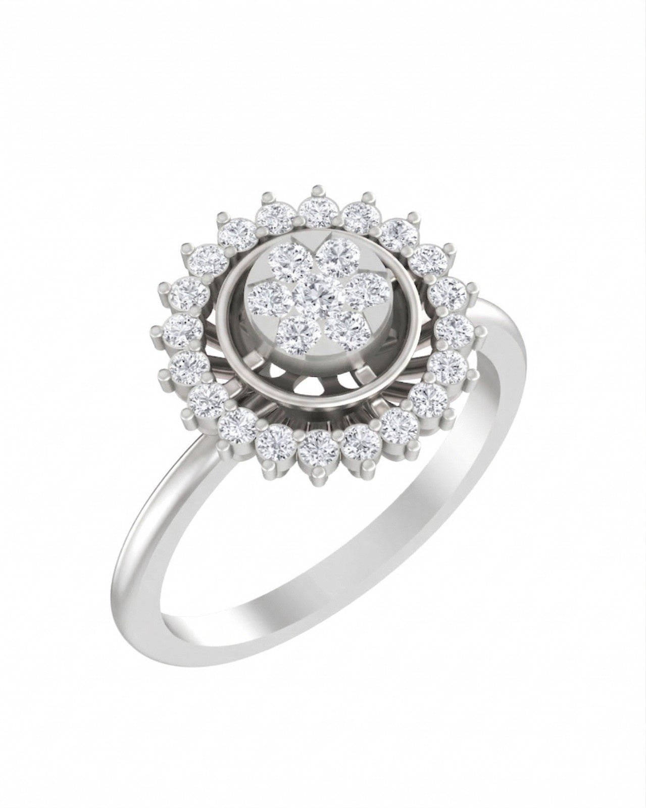 A white gold and diamond ring with a round floral cluster, set against a plain white background.