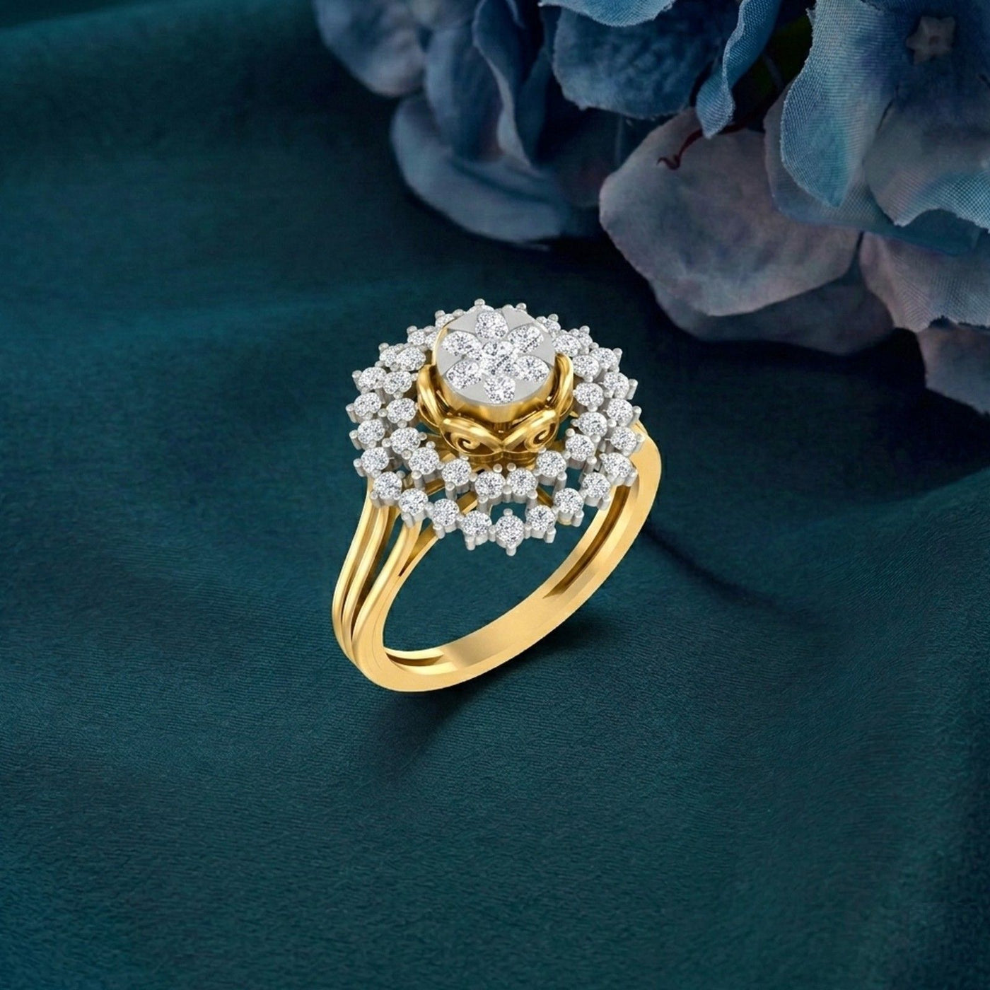 Gold ring with diamonds on a dark green background.