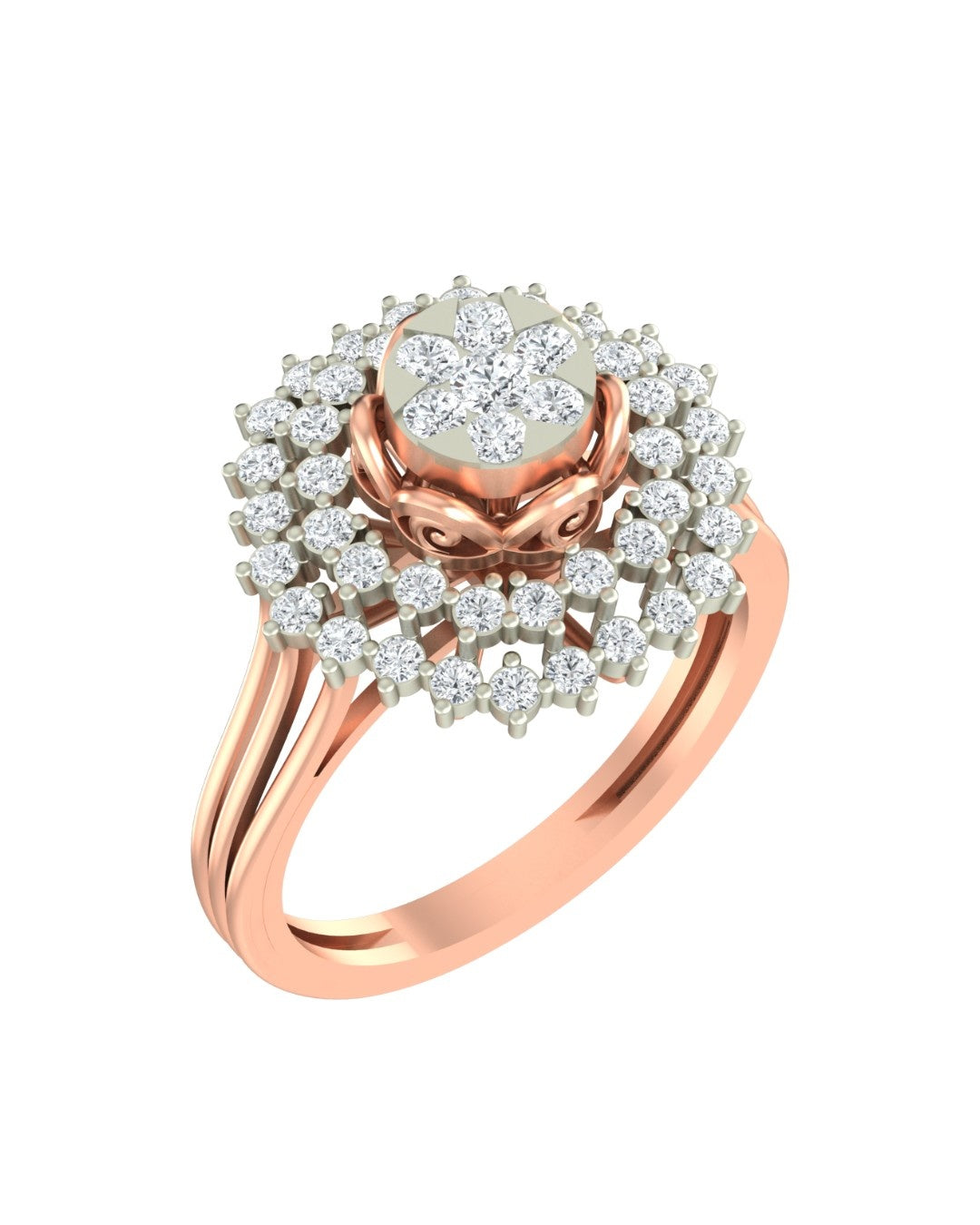 A rose gold ring featuring a floral-shaped cluster, set on a polished gold band against a plain white background.