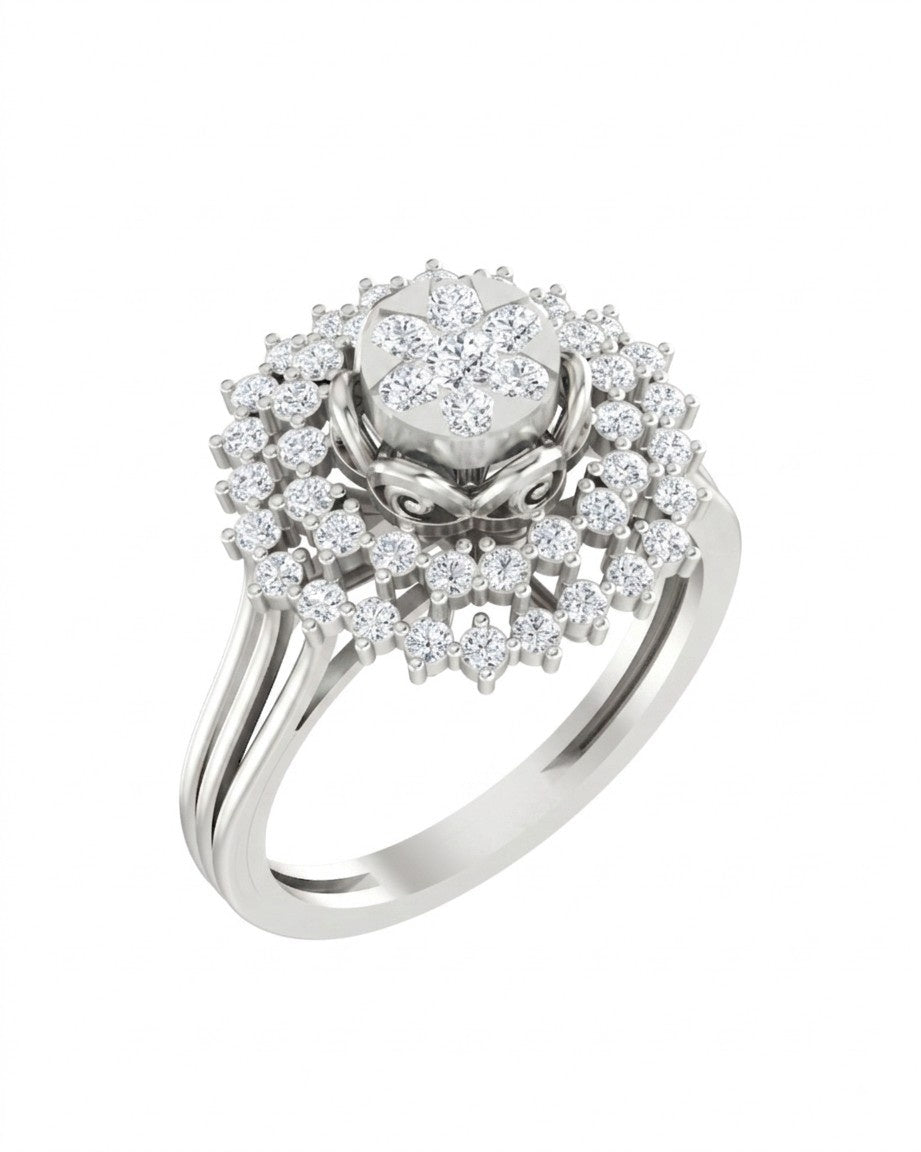 A white gold ring featuring a floral-shaped cluster, set on a polished gold band against a plain white background.
