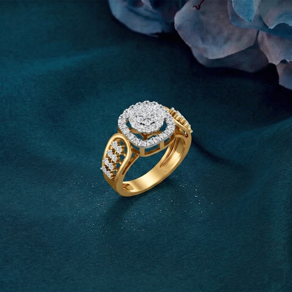 Gold ring with diamond accents on a dark blue background.