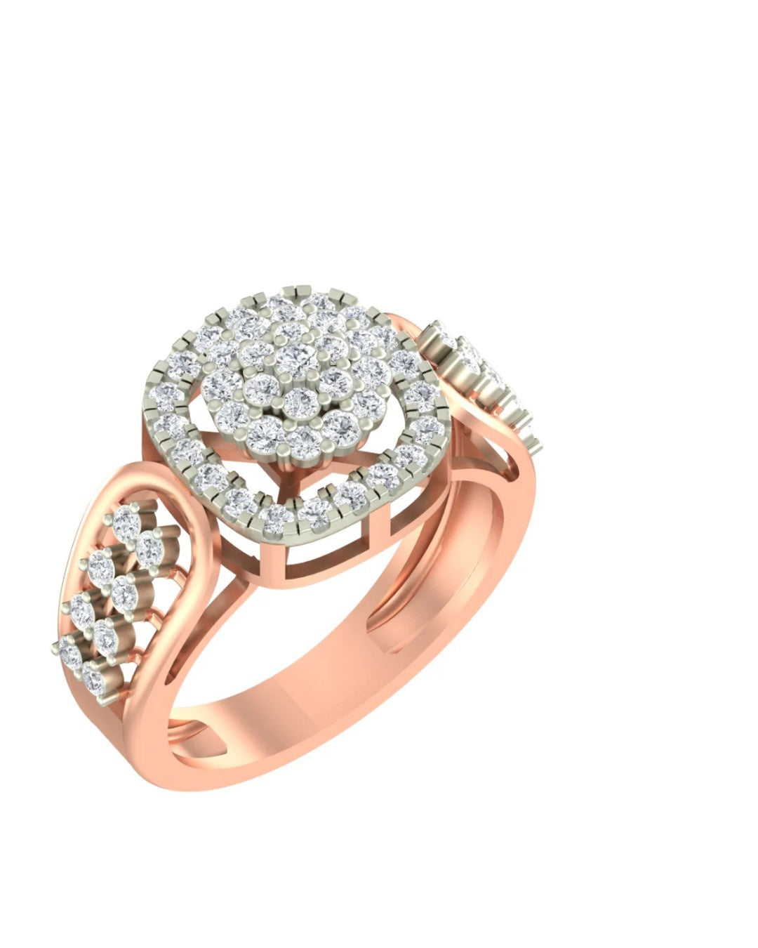 A rose gold ring with a large round cluster of clear stones in a halo setting, shown on a plain white background.