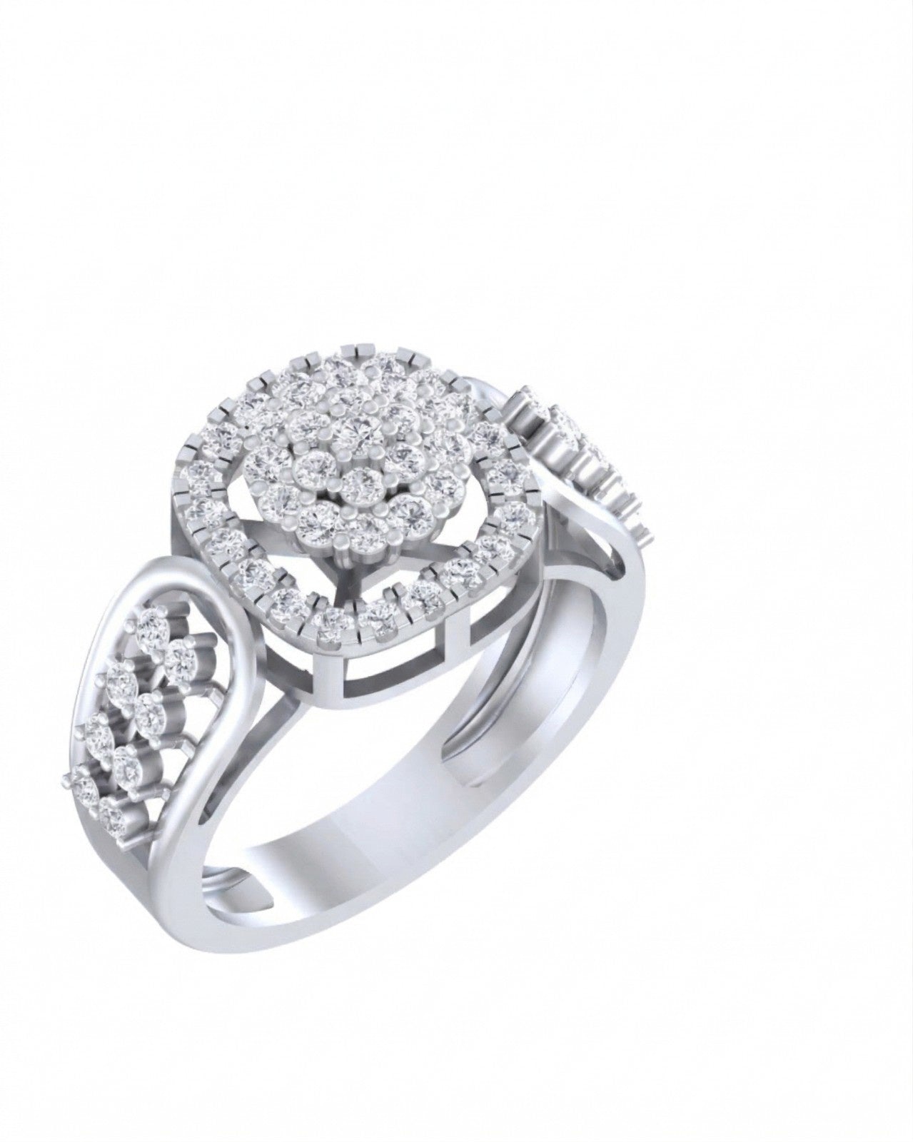 A white gold ring with a large round cluster of clear stones in a halo setting, shown on a plain white background.