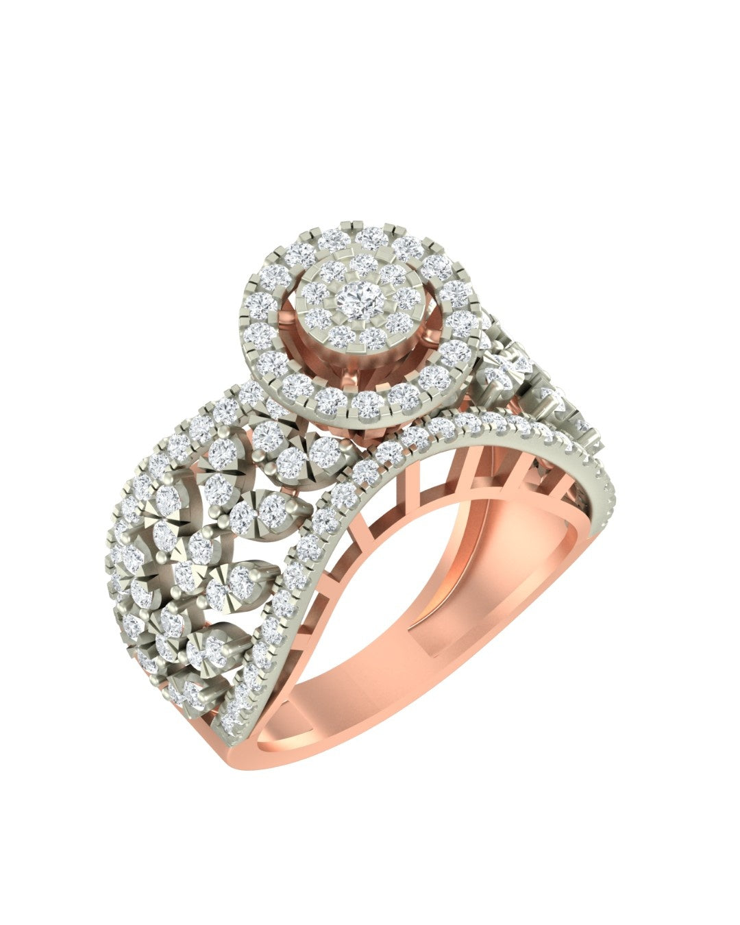 Rose gold and diamond ring with cocktail on a white background