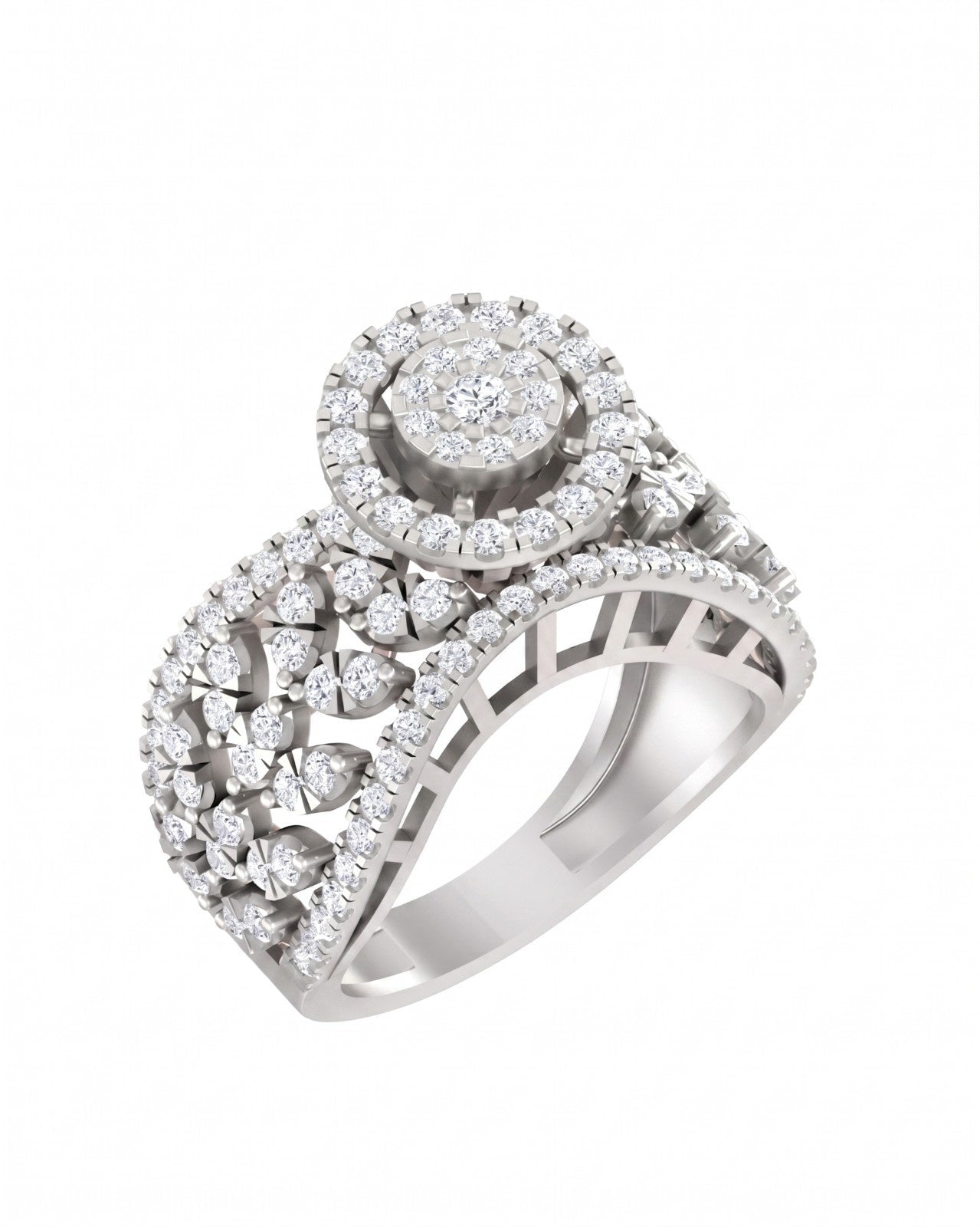White gold and diamond ring with cocktail on a white background