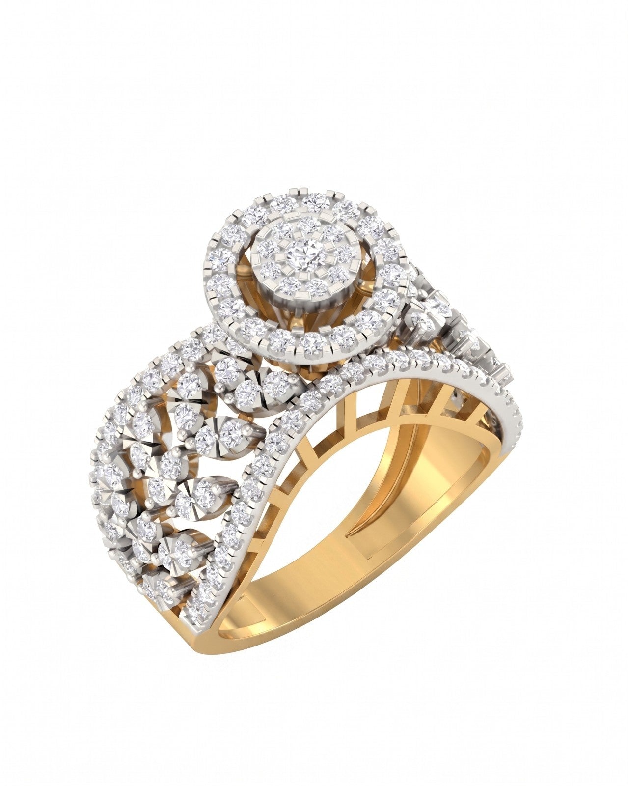 Yellow gold and diamond ring with cocktail on a white background