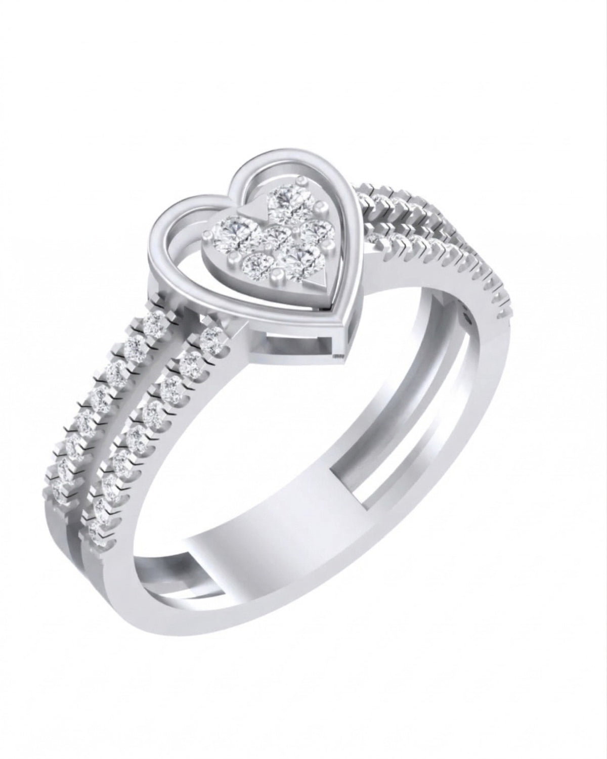 A white gold and diamond ring featuring a heart-shaped cluster of clear stones in the center, shown on a plain white background.