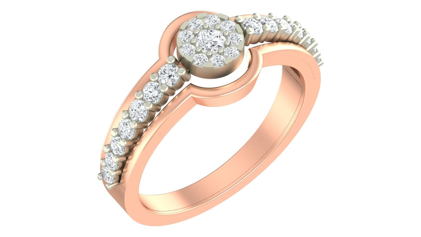 Rose gold ring with diamond accents on a white background