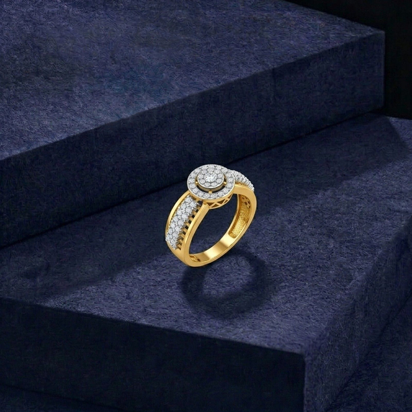 Gold & Diamond with halo design Ring for Women on a blue surface.