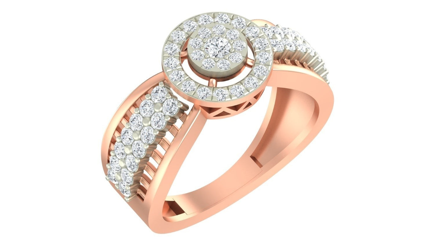 Rose gold & diamond with halo design ring on a white background.