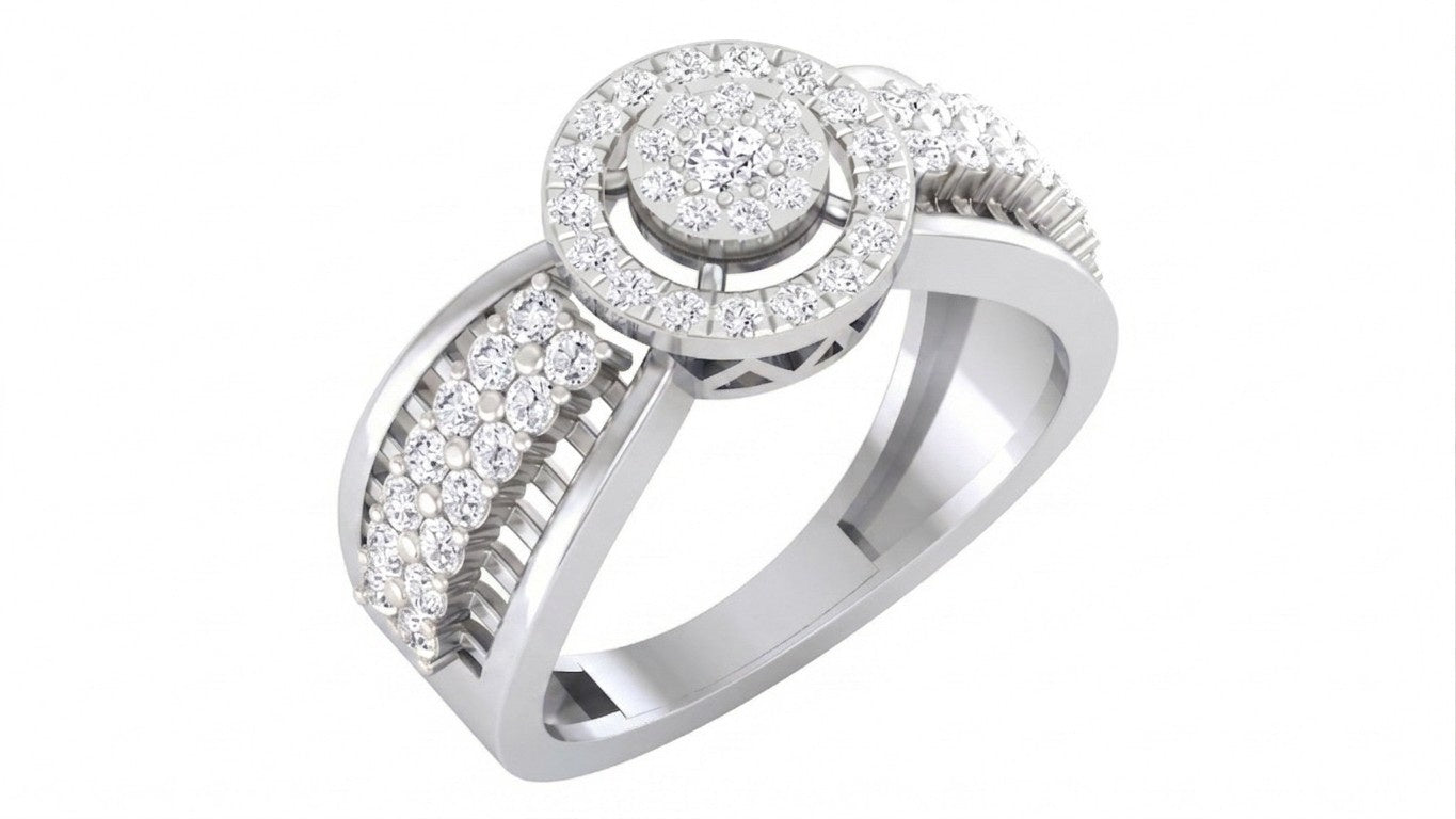 White gold & diamond with halo design ring on a white background.