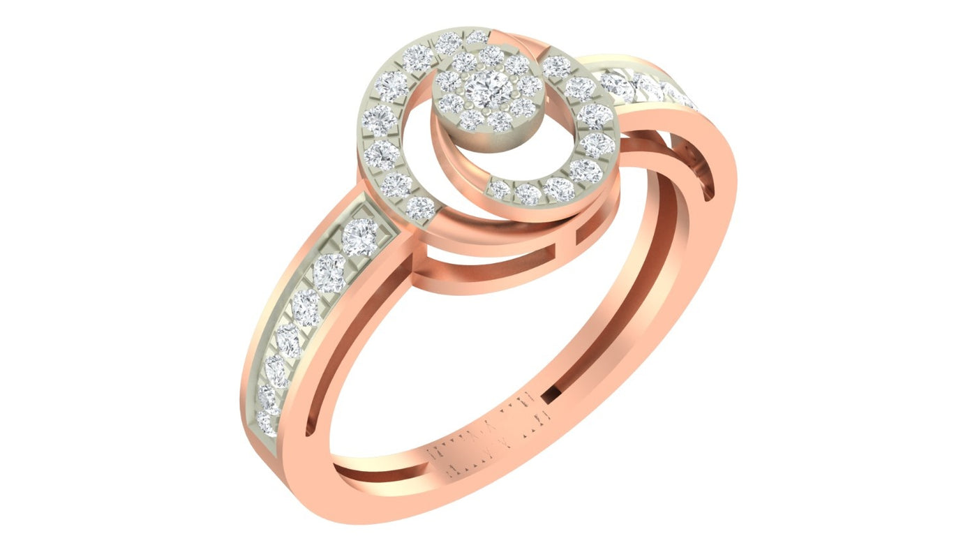 A rose and diamond gold ring, featuring a central round diamond and a surrounding halo of small diamonds, shown on a plain white background.