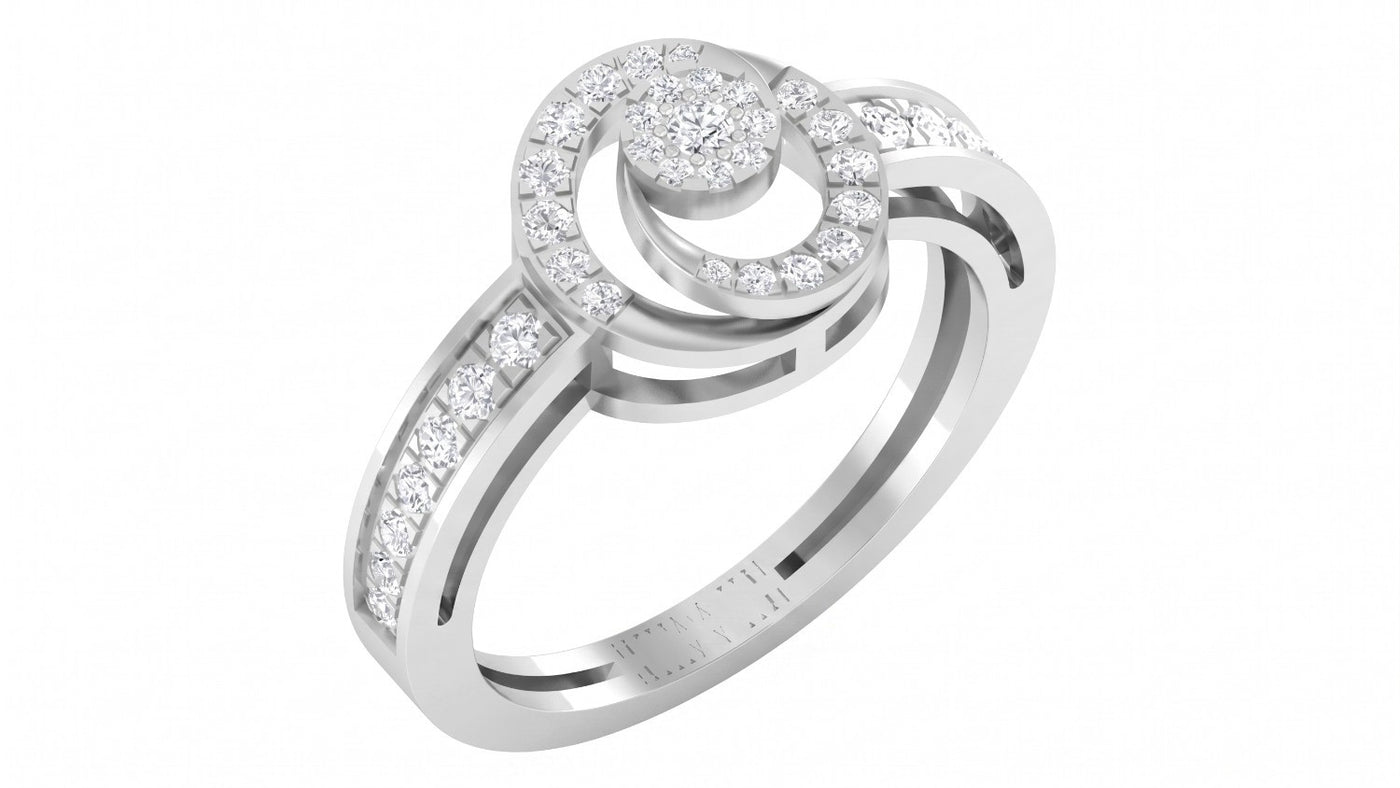 A white and diamond gold ring, featuring a central round diamond and a surrounding halo of small diamonds, shown on a plain white background.