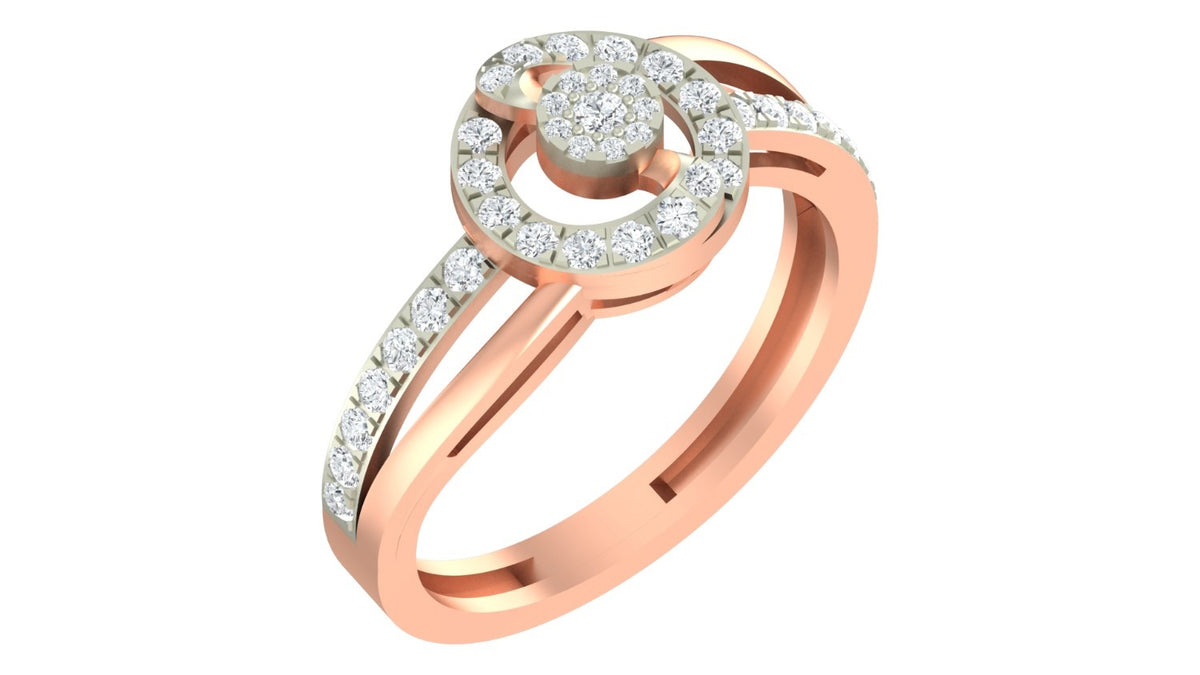 A rose gold ring with a halo-design of clear stones, shown on a plain white background.