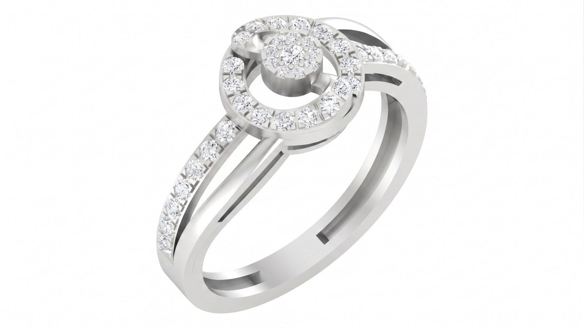 A white gold ring with a halo design of clear stones, shown on a plain white background.