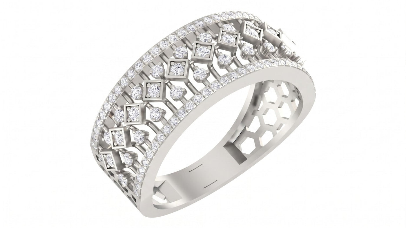 A white gold ring featuring a geometric, shown on a plain white background.