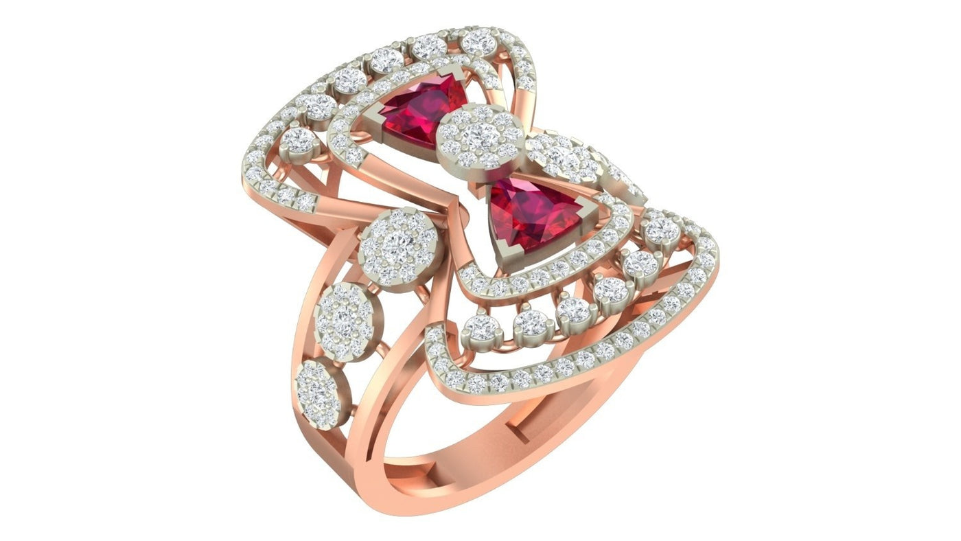 Rose gold ring with ruby gemstones and diamond accents on a white background