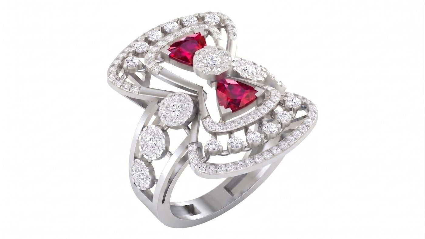 White gold ring with ruby gemstones and diamond accents on a white background