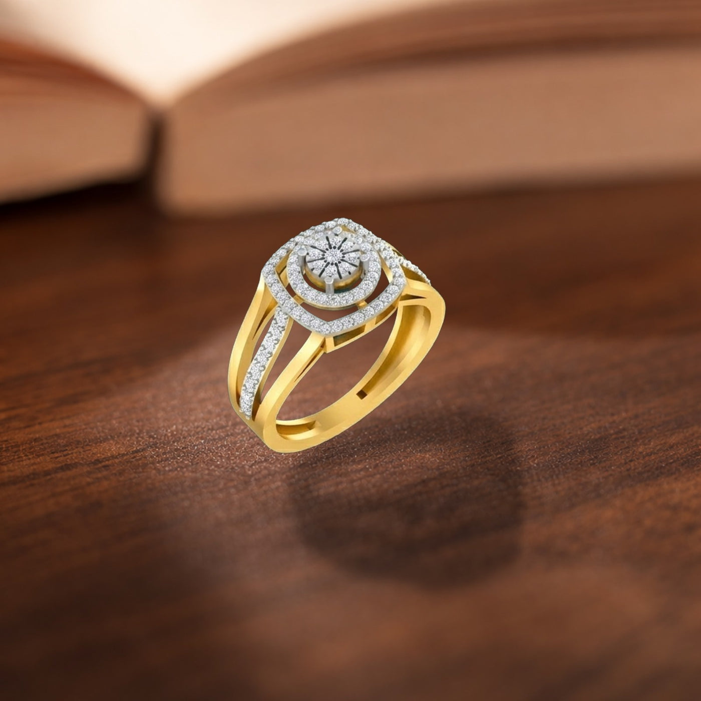 Gold ring with diamond accents on a wooden surface