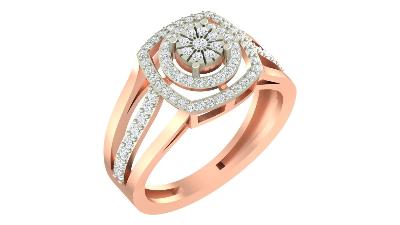 Rose gold ring with diamond accents on a white background.