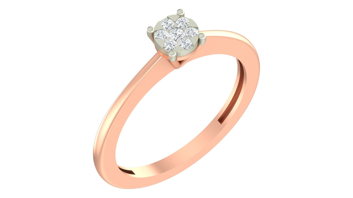 A rose gold and diamond ring featuring a round diamond cluster setting on a plain white background.