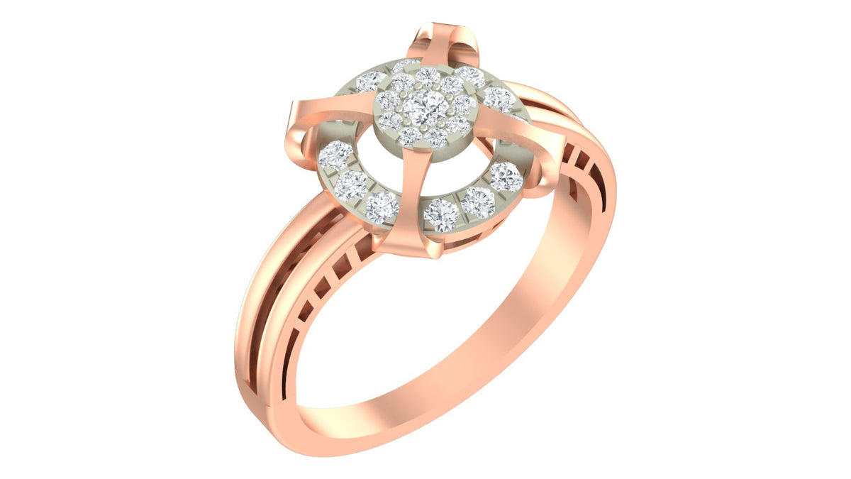 A rose gold ring featuring a round-cut diamond center, shown on a plain white background.