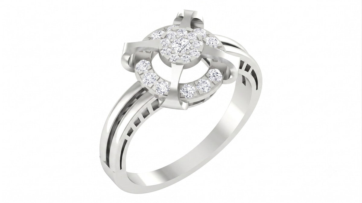 A white gold ring featuring a round-cut diamond center, shown on a plain white background.