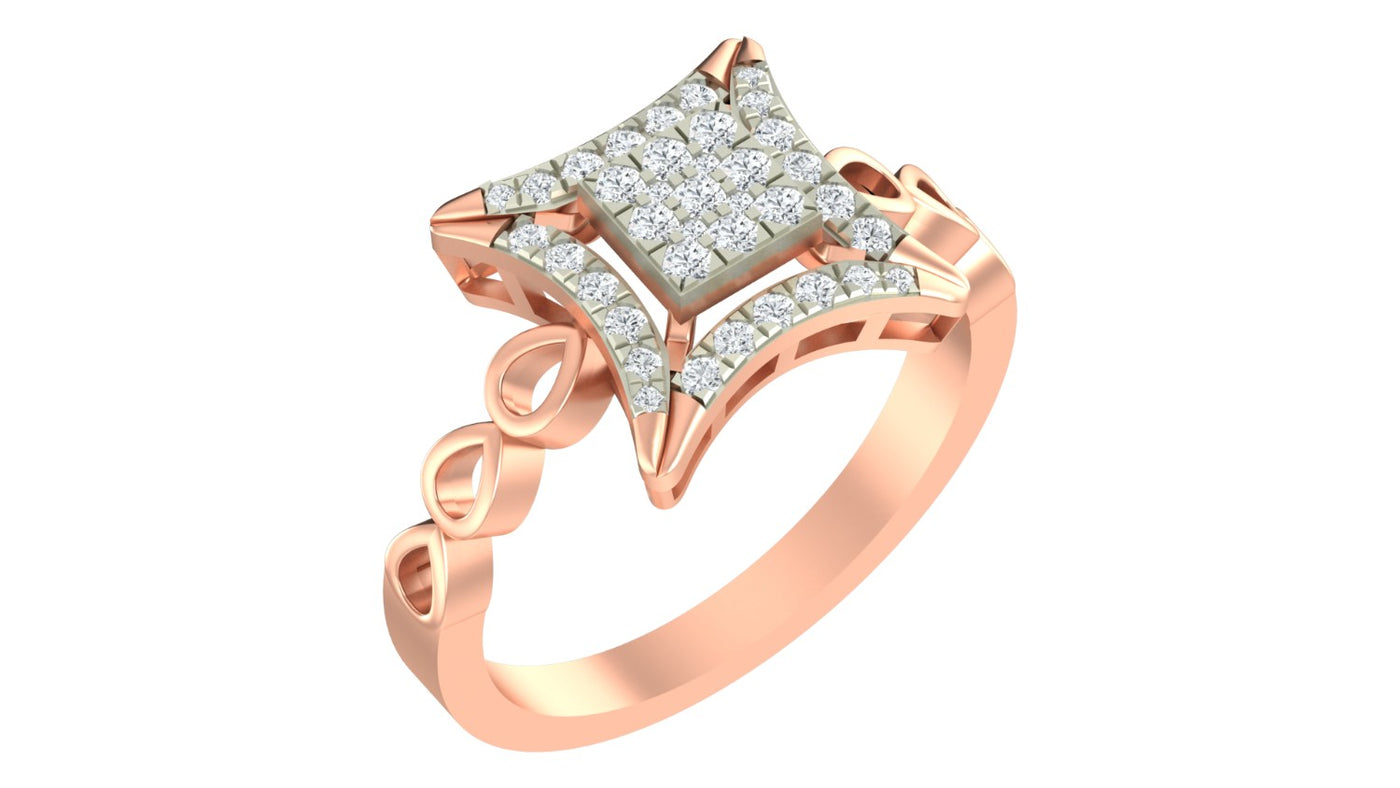 Rose gold ring with diamond accents on a white background.