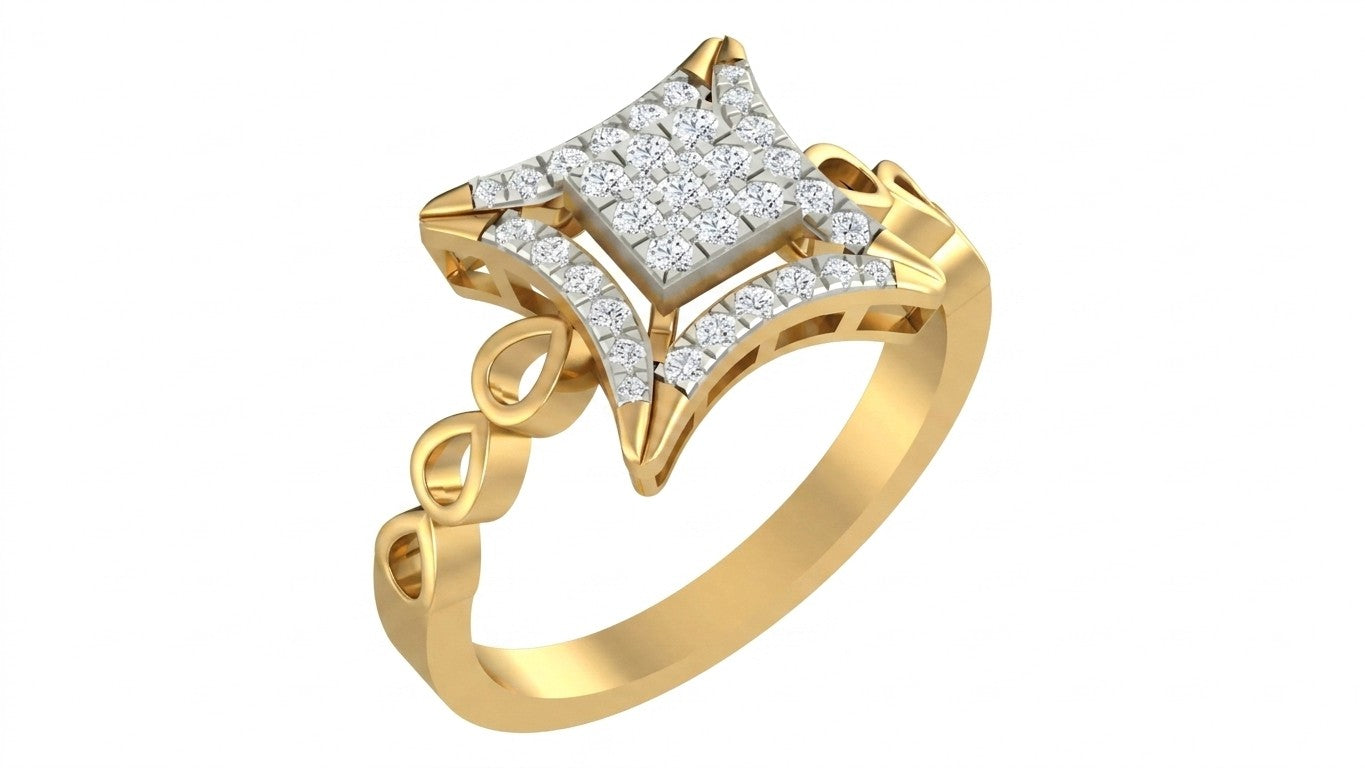 Yellow gold ring with diamond accents on a white background