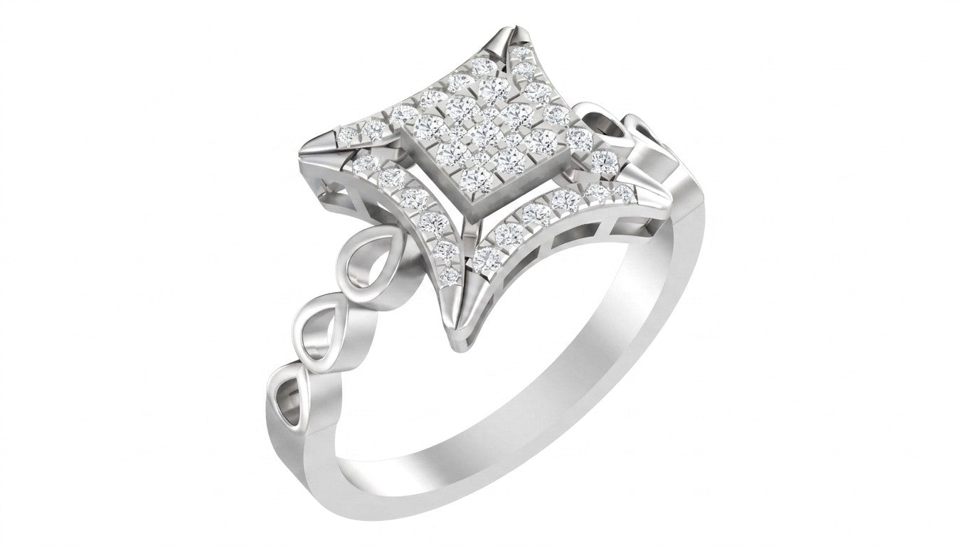 White gold ring with diamond accents on a white background